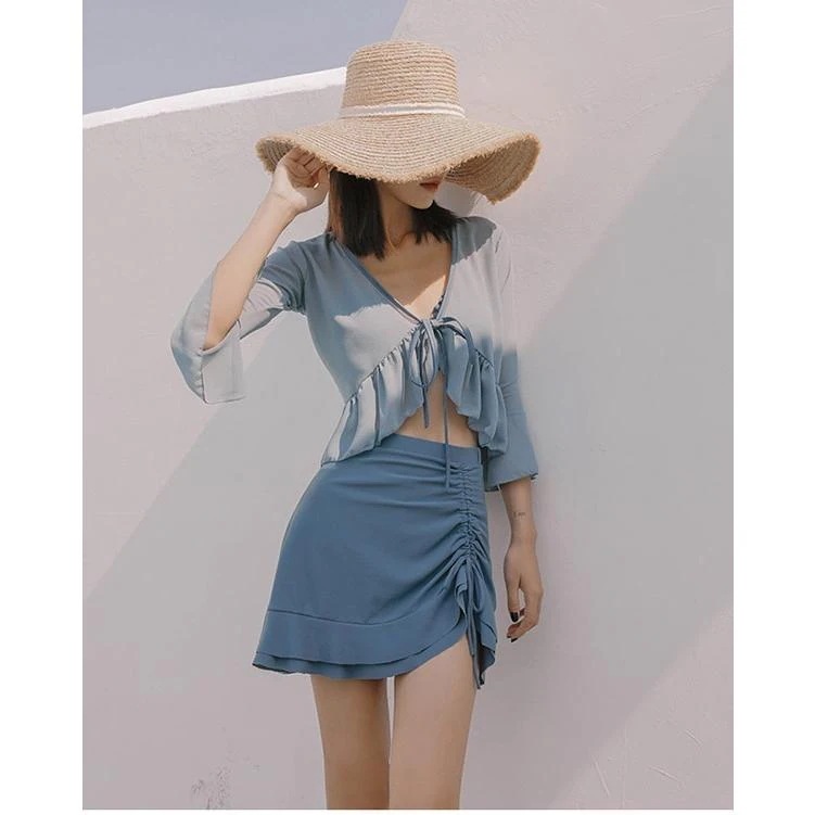 水着 レディースハイウエスト体型カバー フリルセパレートビキニ クロスバンド 羽織スカート露出控えパッド付 大きいサイズ 海 プール