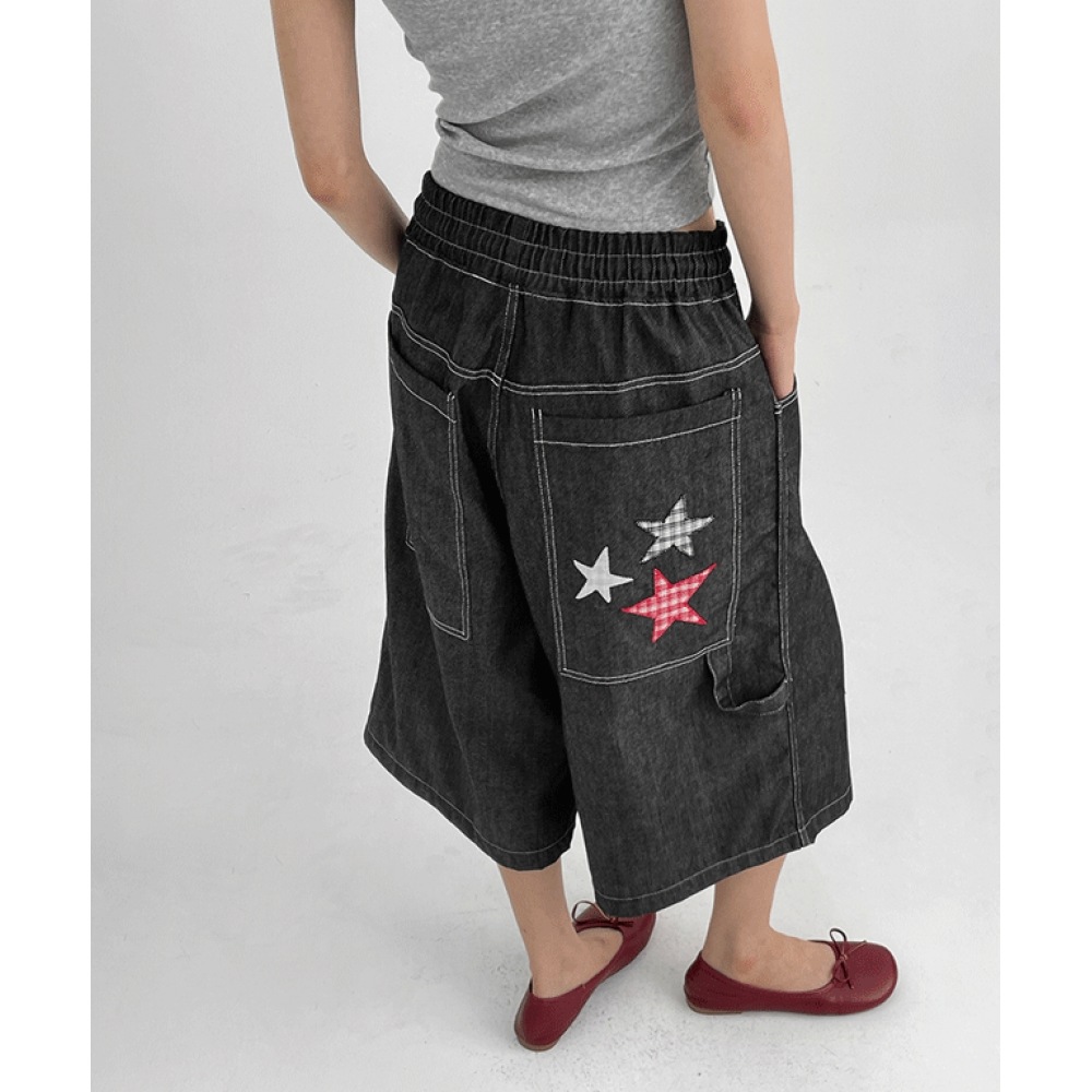 ブラックアップベディルノンフェードパッチバミューダデニムパンツ ブラックアップベディルノンフェードパッチバミューダデニムパンツ