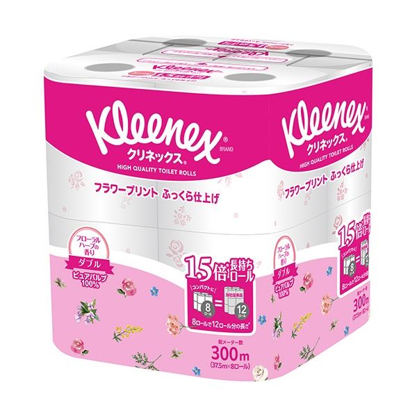 (まとめ) 日本製紙クレシア クリネックス コンパクト フラワープリント ダブル 芯あり 37.5m 香り付き 1パック(8ロール) (×5セット)