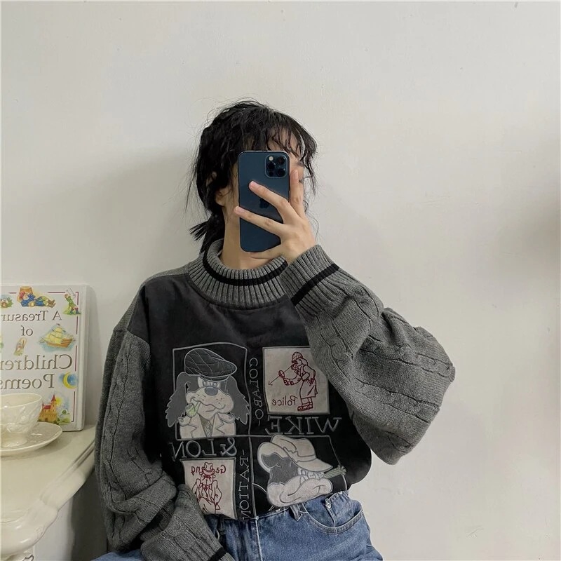 ニットセーター レディース 人気 刺繍 カトゥーン 韓国 クルーネックニット トップス ゆったり ニットセーター レディース 人気 刺繍 カトゥーン 韓国 クルーネックニット トップス ゆったり