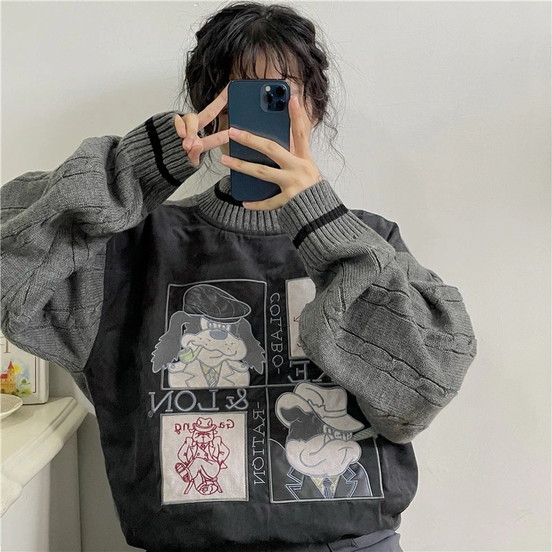 ニットセーター レディース 人気 刺繍 カトゥーン 韓国 クルーネックニット トップス ゆったり ニットセーター レディース 人気 刺繍 カトゥーン 韓国 クルーネックニット トップス ゆったり