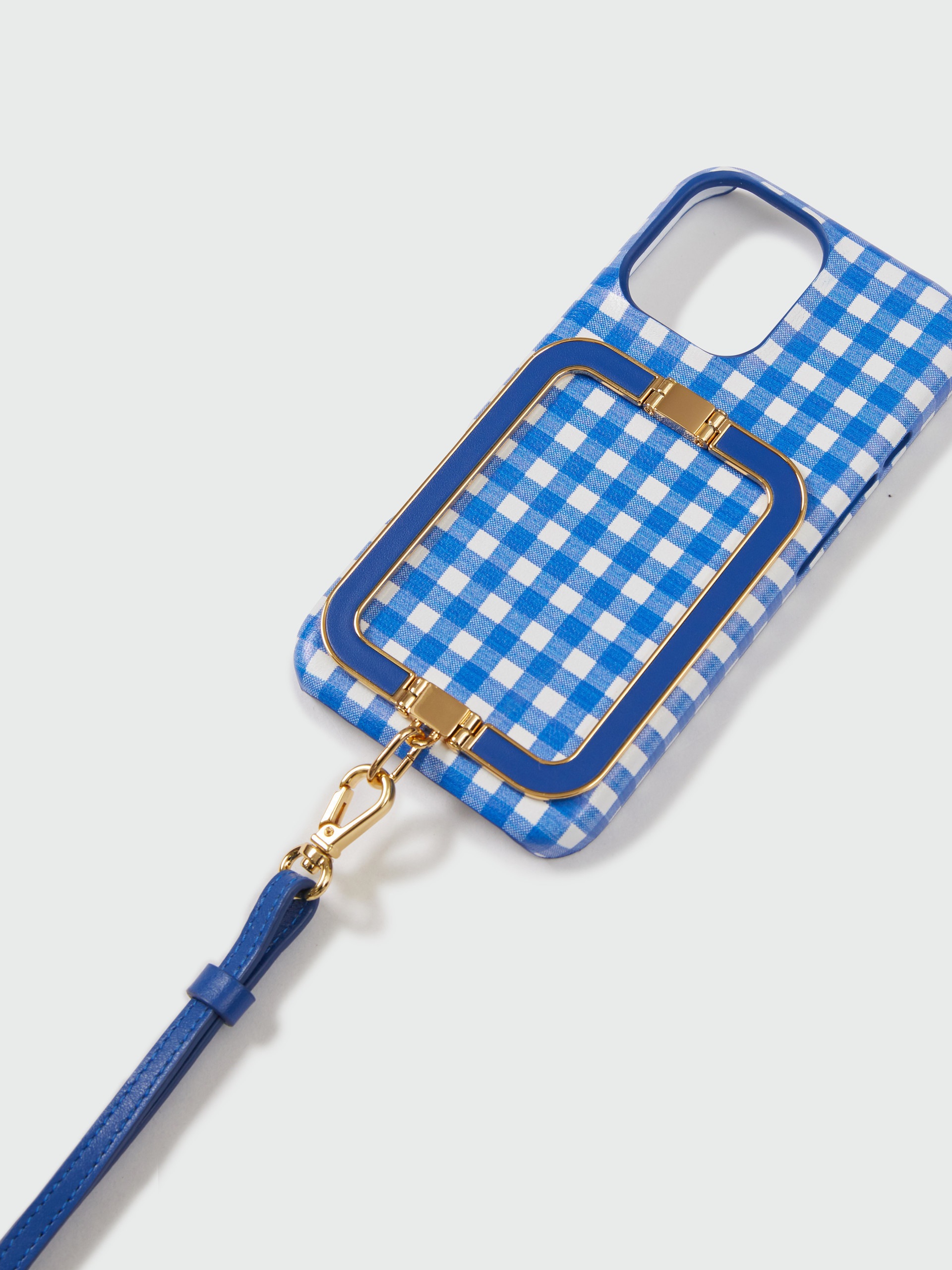 EENK】Phone Case with Leather Strap Blue Check iPhone 16 Pro