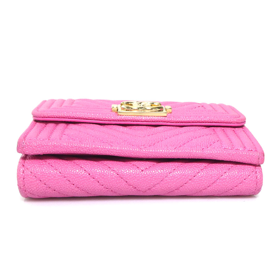 シャネル CHANEL 三つ折り財布 キャビアスキンレザー ピンク ゴールド