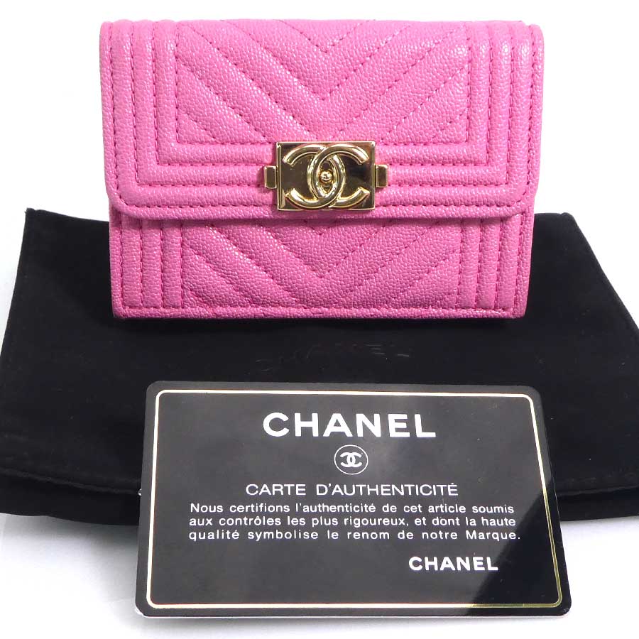 シャネル CHANEL 三つ折り財布 キャビアスキンレザー ピンク ゴールド