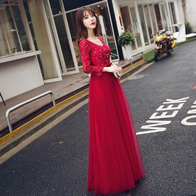 HOT定番 カラードレス 赤 長袖 ロングドレス 安 : レディース服 大人気即納