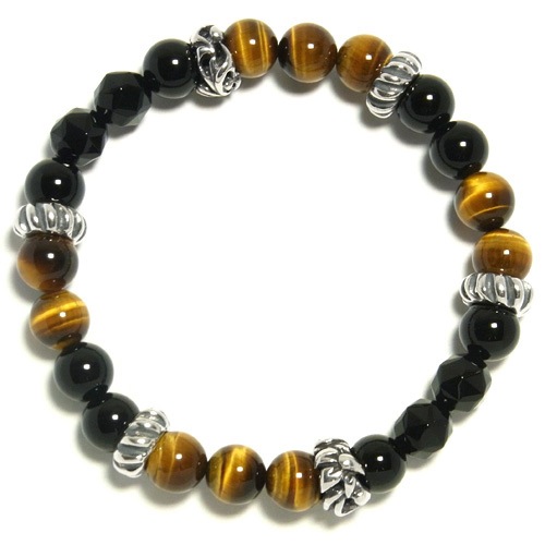 イエロータイガーアイ オニキス シルバーパーツ ブレスレット (メンズMサイズ) 天然石 メンズ