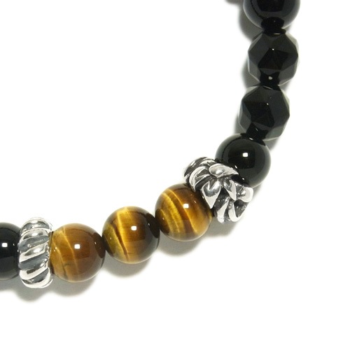 イエロータイガーアイ オニキス シルバーパーツ ブレスレット (メンズMサイズ) 天然石 メンズ