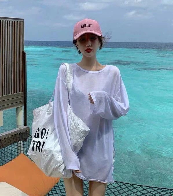 【一部】ラッシュガード Tシャツ レディース シースルー トップス 長袖 ビーチウェア カバーアップ オーバーサイズ ビッグシルエット ゆったり 体型カバー 露出控えめ 日焼け防止 ビーチ 白 夏