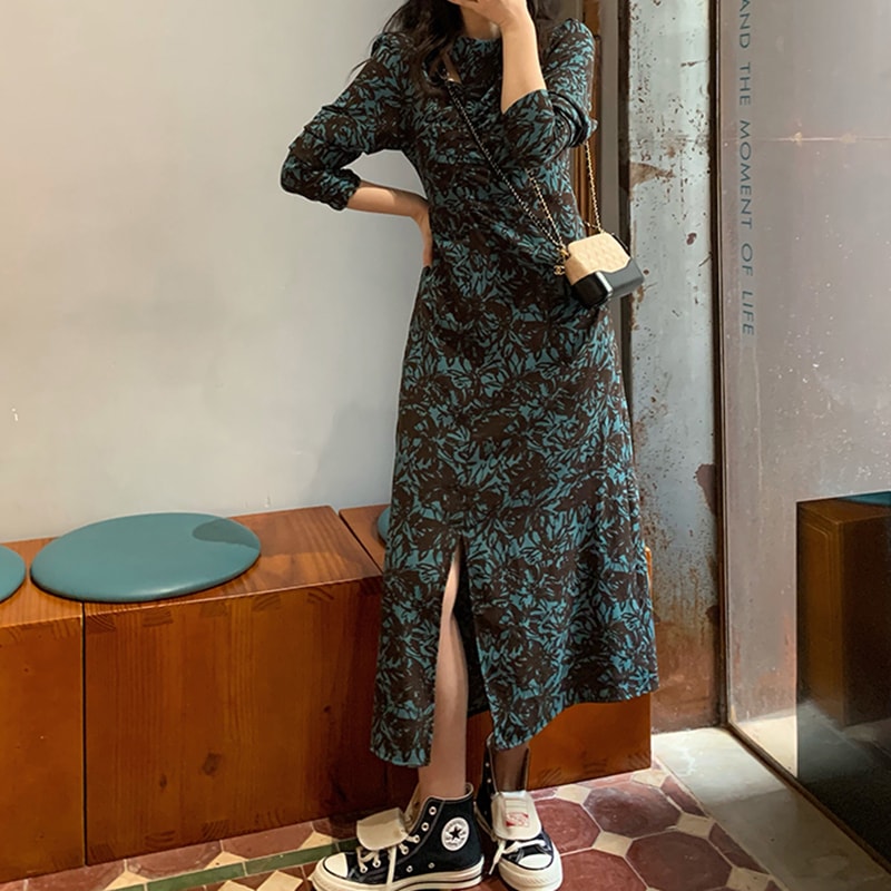 花柄ワンピース モダン ブルー 青 グリーン 緑 ミドル丈 袖あり 長袖 シャーリング スリット 花柄ワンピース モダン ブルー 青 グリーン 緑 ミドル丈 袖あり 長袖 シャーリング スリット