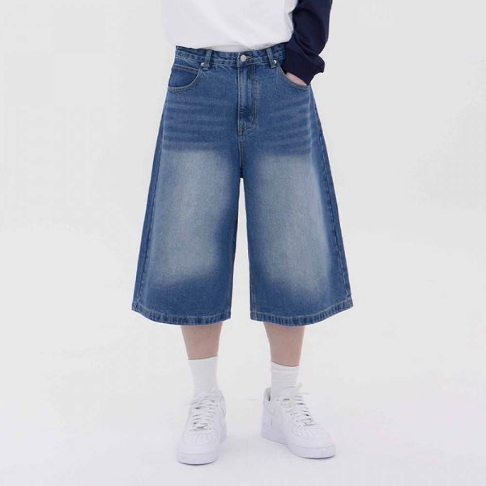 [ジャンマニア] ユニセックスワイドルーズフィットバミューダパート7 ミディアムブルージーンズデニムパンツ