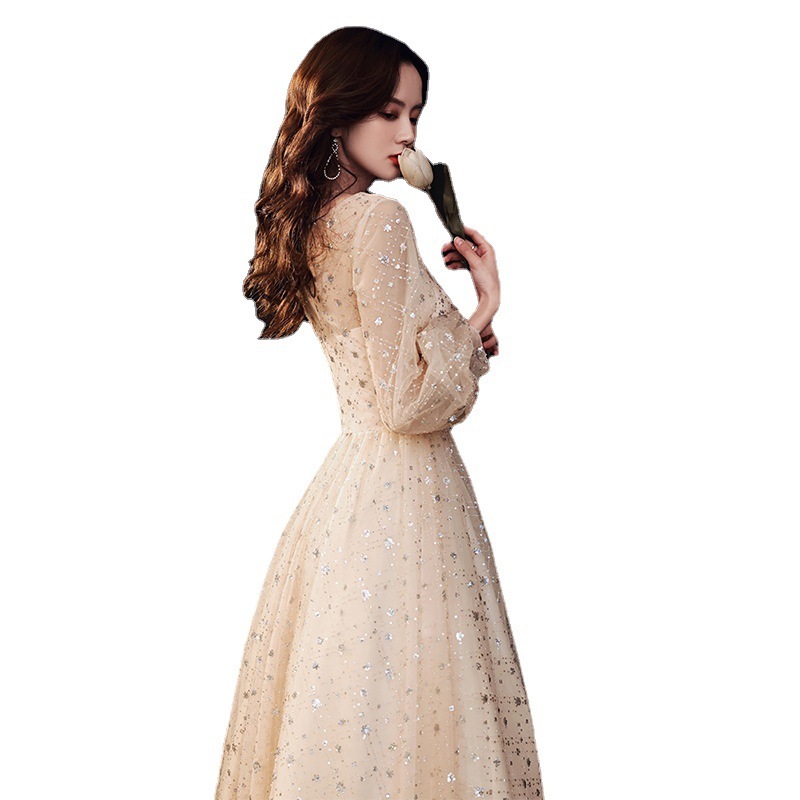 ドレステクスチャバンケット妖精気質長袖ドレス女性用シャンパンカラードレス小柄な人はより白くスリムに見えます ドレステクスチャバンケット妖精気質長袖ドレス女性用シャンパンカラードレス小柄な人はより白くスリムに見えます