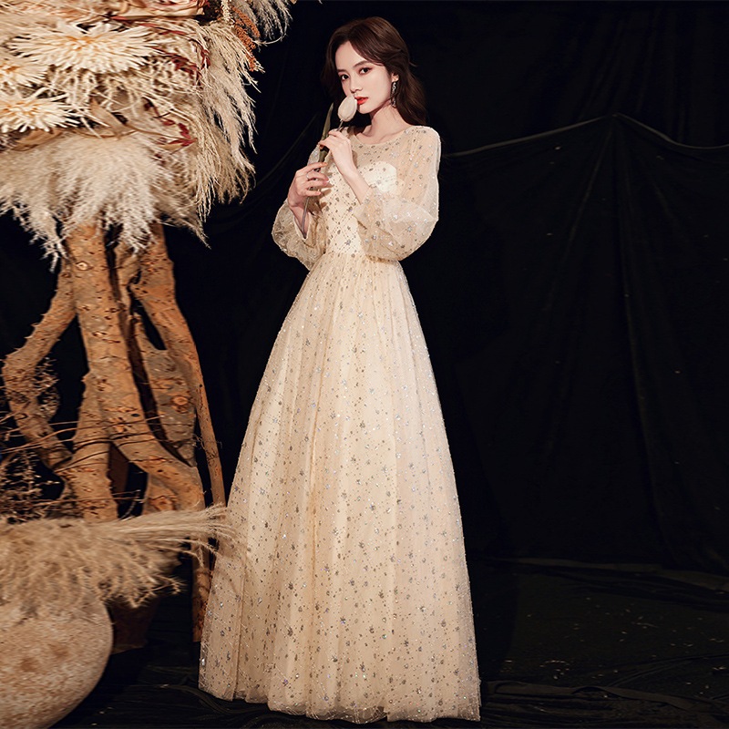 ドレステクスチャバンケット妖精気質長袖ドレス女性用シャンパンカラードレス小柄な人はより白くスリムに見えます ドレステクスチャバンケット妖精気質長袖ドレス女性用シャンパンカラードレス小柄な人はより白くスリムに見えます