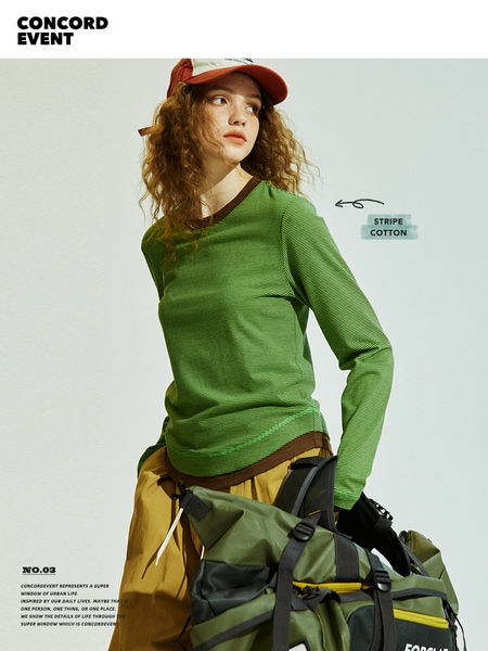 ConE レトロパッチワークスリムフィットトップス長袖Tシャツ ConE レトロパッチワークスリムフィットトップス長袖Tシャツ