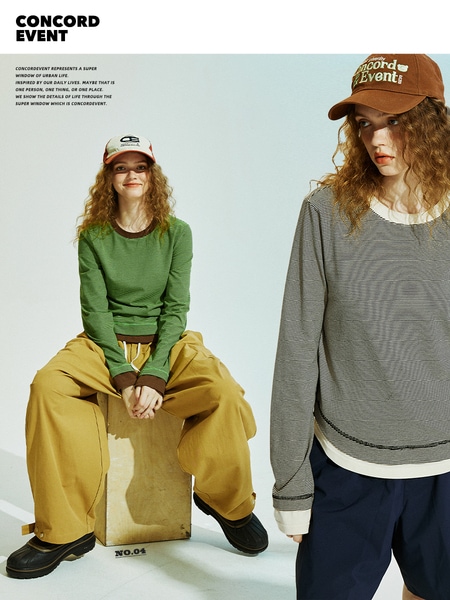 ConE レトロパッチワークスリムフィットトップス長袖Tシャツ ConE レトロパッチワークスリムフィットトップス長袖Tシャツ