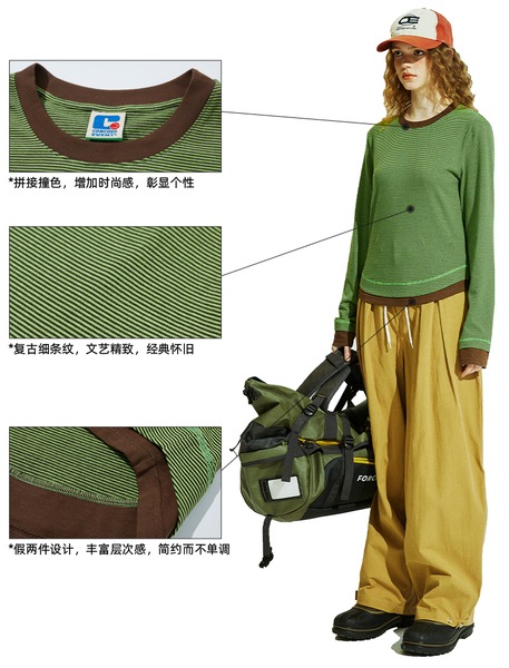 ConE レトロパッチワークスリムフィットトップス長袖Tシャツ ConE レトロパッチワークスリムフィットトップス長袖Tシャツ