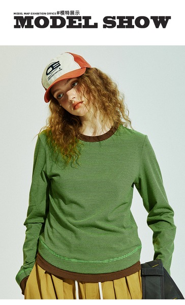 ConE レトロパッチワークスリムフィットトップス長袖Tシャツ ConE レトロパッチワークスリムフィットトップス長袖Tシャツ