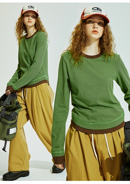 ConE レトロパッチワークスリムフィットトップス長袖Tシャツ ConE レトロパッチワークスリムフィットトップス長袖Tシャツ