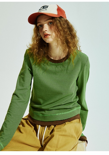 ConE レトロパッチワークスリムフィットトップス長袖Tシャツ ConE レトロパッチワークスリムフィットトップス長袖Tシャツ