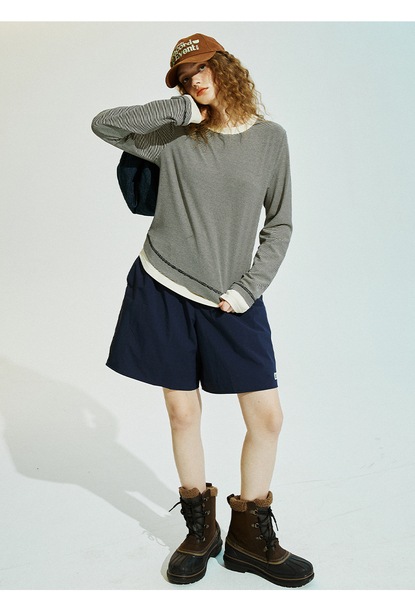 ConE レトロパッチワークスリムフィットトップス長袖Tシャツ ConE レトロパッチワークスリムフィットトップス長袖Tシャツ