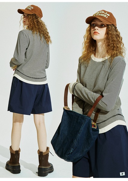 ConE レトロパッチワークスリムフィットトップス長袖Tシャツ ConE レトロパッチワークスリムフィットトップス長袖Tシャツ