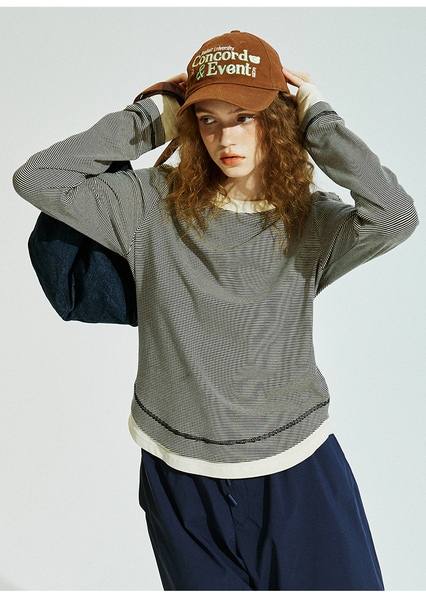 ConE レトロパッチワークスリムフィットトップス長袖Tシャツ ConE レトロパッチワークスリムフィットトップス長袖Tシャツ