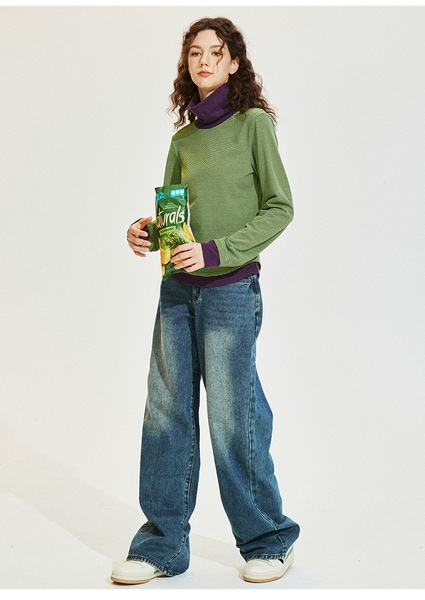 ConE レトロパッチワークスリムフィットトップス長袖Tシャツ ConE レトロパッチワークスリムフィットトップス長袖Tシャツ