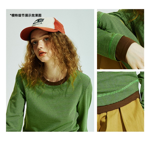 ConE レトロパッチワークスリムフィットトップス長袖Tシャツ ConE レトロパッチワークスリムフィットトップス長袖Tシャツ