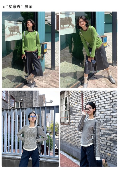 ConE レトロパッチワークスリムフィットトップス長袖Tシャツ ConE レトロパッチワークスリムフィットトップス長袖Tシャツ