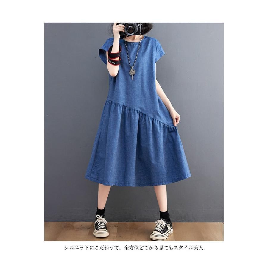 ワンピース 半袖 夏 レディース ギャザーワンピース ミディ丈 フレアワンピース デニム調 半袖ワンピース アシンメトリー ゆったり サマーワンピース