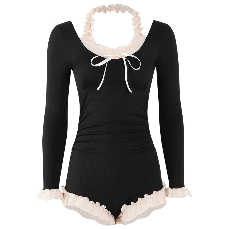 水着 レディース 夏 ワンピース 2024 新スタイル 黒 長袖 胸パッド付き コンサバ 痩身 お腹カバー 学生旅行 温泉