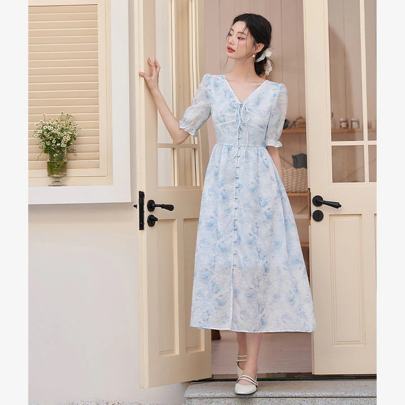 ミスティックブルー フレンチロマンティックワンピース 2025春夏新作 スミノグラデ 半袖 Vネック ソフト＆スイート ロングワンピース ワンピース ワンピース レディース ロングワンピース ワンピー