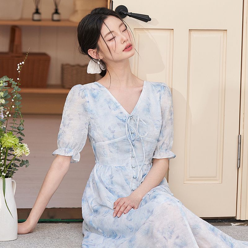 ミスティックブルー フレンチロマンティックワンピース 2025春夏新作 スミノグラデ 半袖 Vネック ソフト＆スイート ロングワンピース ワンピース ワンピース レディース ロングワンピース ワンピー