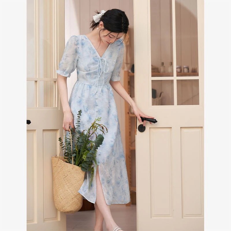 ミスティックブルー フレンチロマンティックワンピース 2025春夏新作 スミノグラデ 半袖 Vネック ソフト＆スイート ロングワンピース ワンピース ワンピース レディース ロングワンピース ワンピー
