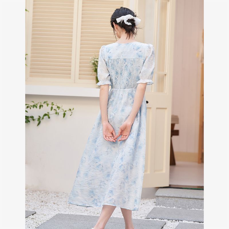 ミスティックブルー フレンチロマンティックワンピース 2025春夏新作 スミノグラデ 半袖 Vネック ソフト＆スイート ロングワンピース ワンピース ワンピース レディース ロングワンピース ワンピー