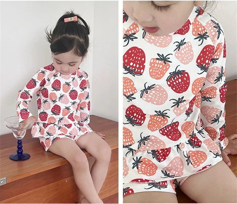 キッズ 水着 女の子 セパレート 長袖 キャップ付き 女の子水着 可愛い 子供 水着 いちご柄 ピンク キッズ スクール水着 みずぎ 紫外線対策 ラッシュガード ストレッチ 女児 ガールズ水着 小学