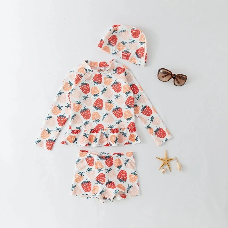キッズ 水着 女の子 セパレート 長袖 キャップ付き 女の子水着 可愛い 子供 水着 いちご柄 ピンク キッズ スクール水着 みずぎ 紫外線対策 ラッシュガード ストレッチ 女児 ガールズ水着 小学