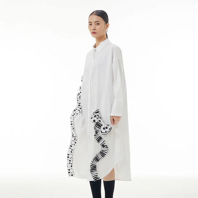 韓系オリジナル木耳元シャツスカート 2025春新型ビッグサイズ婦人服ゆったり着やせワンピース 韓系オリジナル木耳元シャツスカート 2025春新型ビッグサイズ婦人服ゆったり着やせワンピース