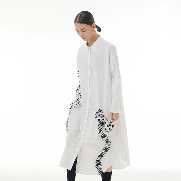 韓系オリジナル木耳元シャツスカート 2025春新型ビッグサイズ婦人服ゆったり着やせワンピース 韓系オリジナル木耳元シャツスカート 2025春新型ビッグサイズ婦人服ゆったり着やせワンピース