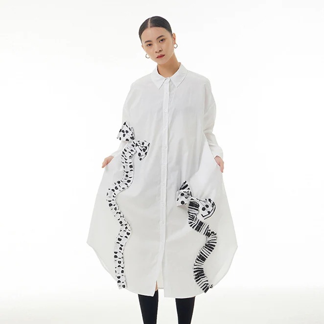 韓系オリジナル木耳元シャツスカート 2025春新型ビッグサイズ婦人服ゆったり着やせワンピース 韓系オリジナル木耳元シャツスカート 2025春新型ビッグサイズ婦人服ゆったり着やせワンピース