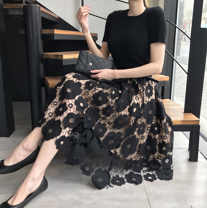 スカート レディース レーススカート S M L XL 2XL 3XL 4XL 5XL 韓国 ひざ丈 ミモレ丈 フレア Aライン レース 透け感 かわいい 大人可愛い きれいめ シンプル おしゃれ