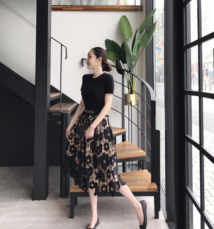 スカート レディース レーススカート S M L XL 2XL 3XL 4XL 5XL 韓国 ひざ丈 ミモレ丈 フレア Aライン レース 透け感 かわいい 大人可愛い きれいめ シンプル おしゃれ