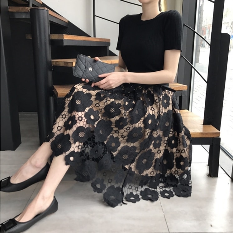 スカート レディース レーススカート S M L XL 2XL 3XL 4XL 5XL 韓国 ひざ丈 ミモレ丈 フレア Aライン レース 透け感 かわいい 大人可愛い きれいめ シンプル おしゃれ