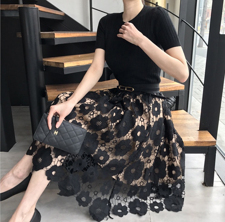 スカート レディース レーススカート S M L XL 2XL 3XL 4XL 5XL 韓国 ひざ丈 ミモレ丈 フレア Aライン レース 透け感 かわいい 大人可愛い きれいめ シンプル おしゃれ