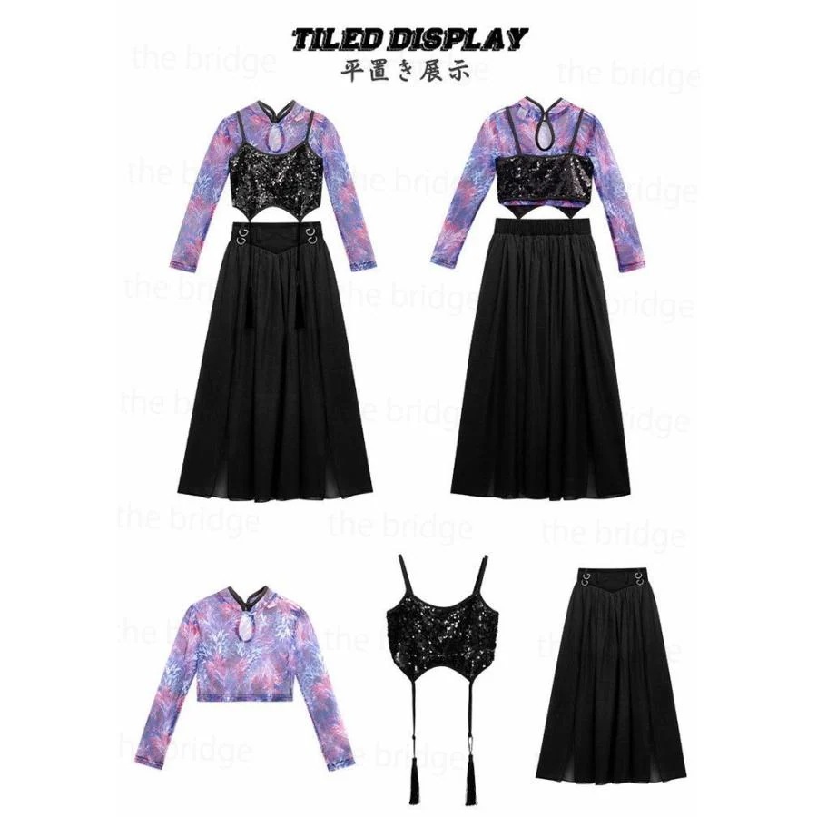 中華風 子供服 ヒップホップ ダンス衣装 キッズ 女の子 キッズ ダンス 衣装 舞台服 ステージ衣装 ガールズ ダンスウェア チャイナ風 チアガール スパンコール 3