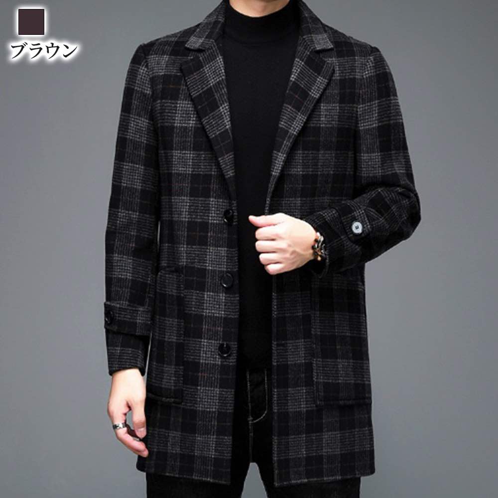Qoo10] チェスターコート メンズ チェック柄ジャ