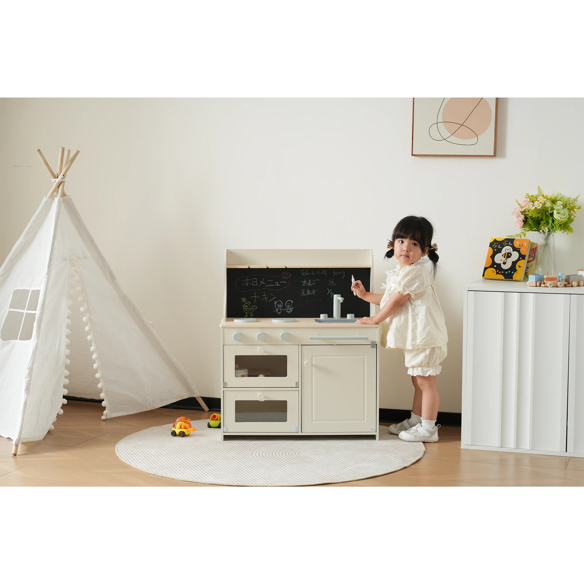 1538おままごと キッチン 木製 黒板付き 調理器具付き ままごとセット 誕生日 台所 知育玩具 子供用 子供 収納 まねっこ コンロミニキッチン おもちゃキッチン キッズ ベビー プレゼント ホワ