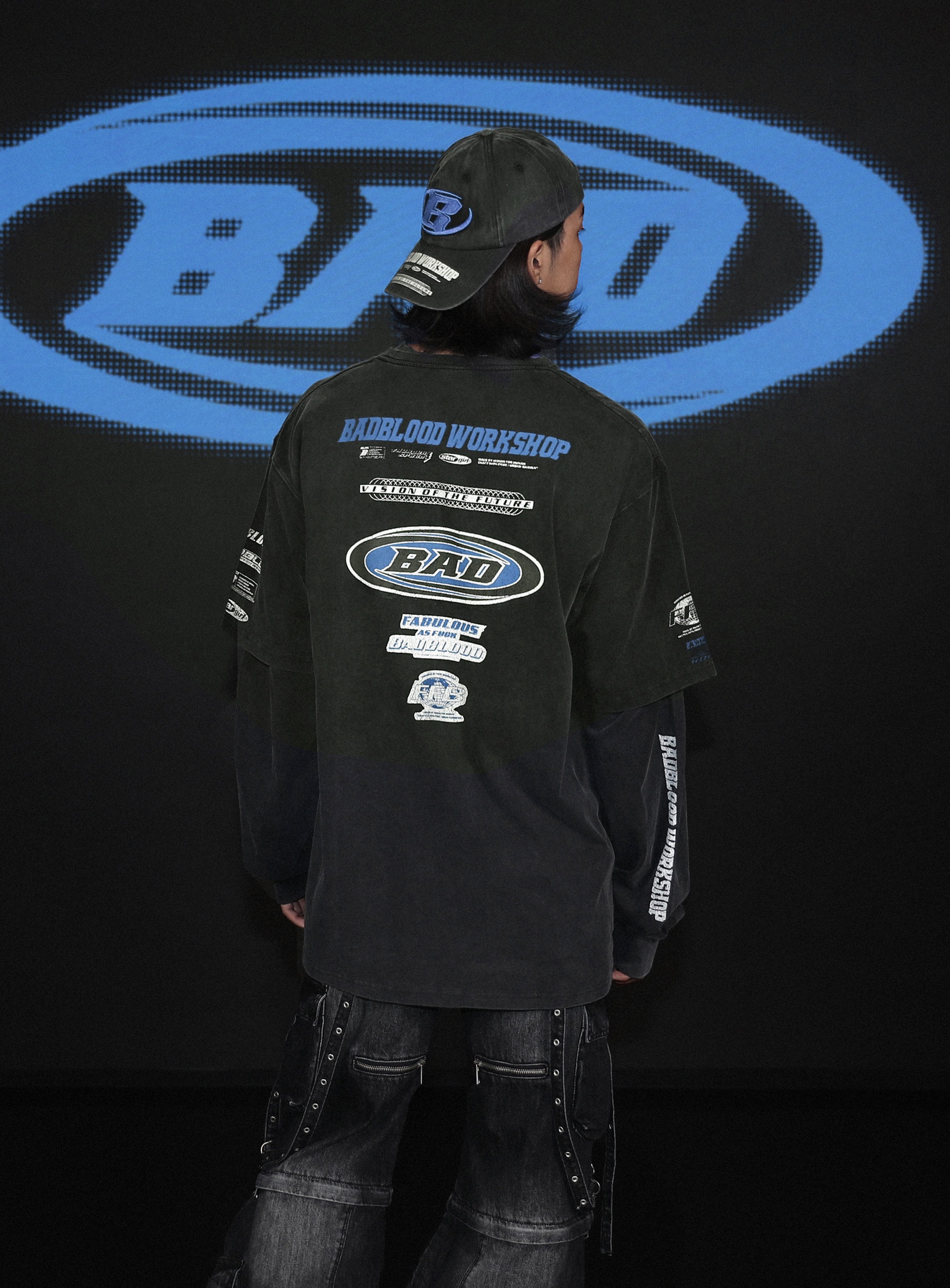 【BADBLOOD】 F2 OLD EFFET LAYERED LONG SLEEVE (UNISEX) : BLACK/BLUE