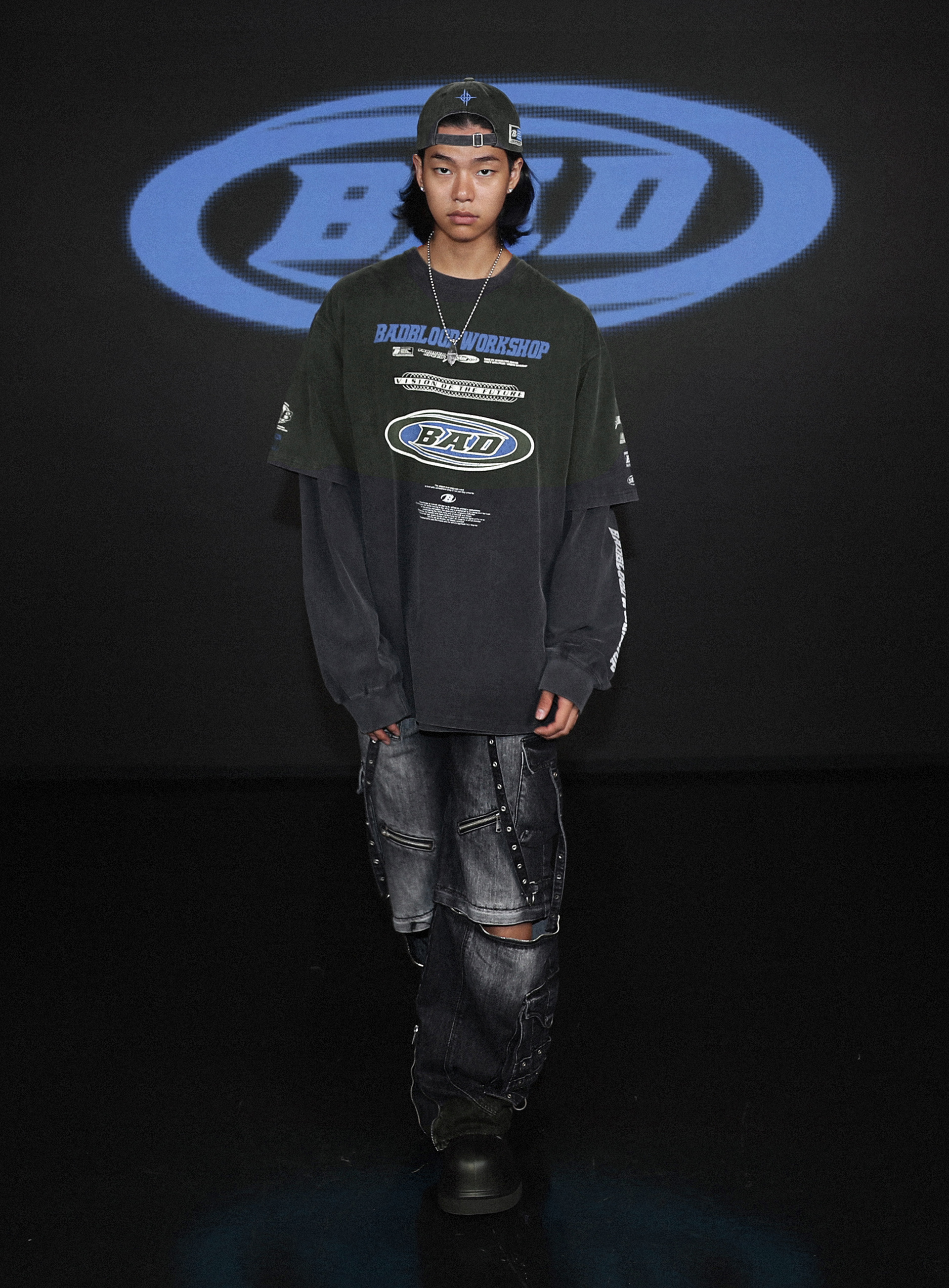 【BADBLOOD】 F2 OLD EFFET LAYERED LONG SLEEVE (UNISEX) : BLACK/BLUE