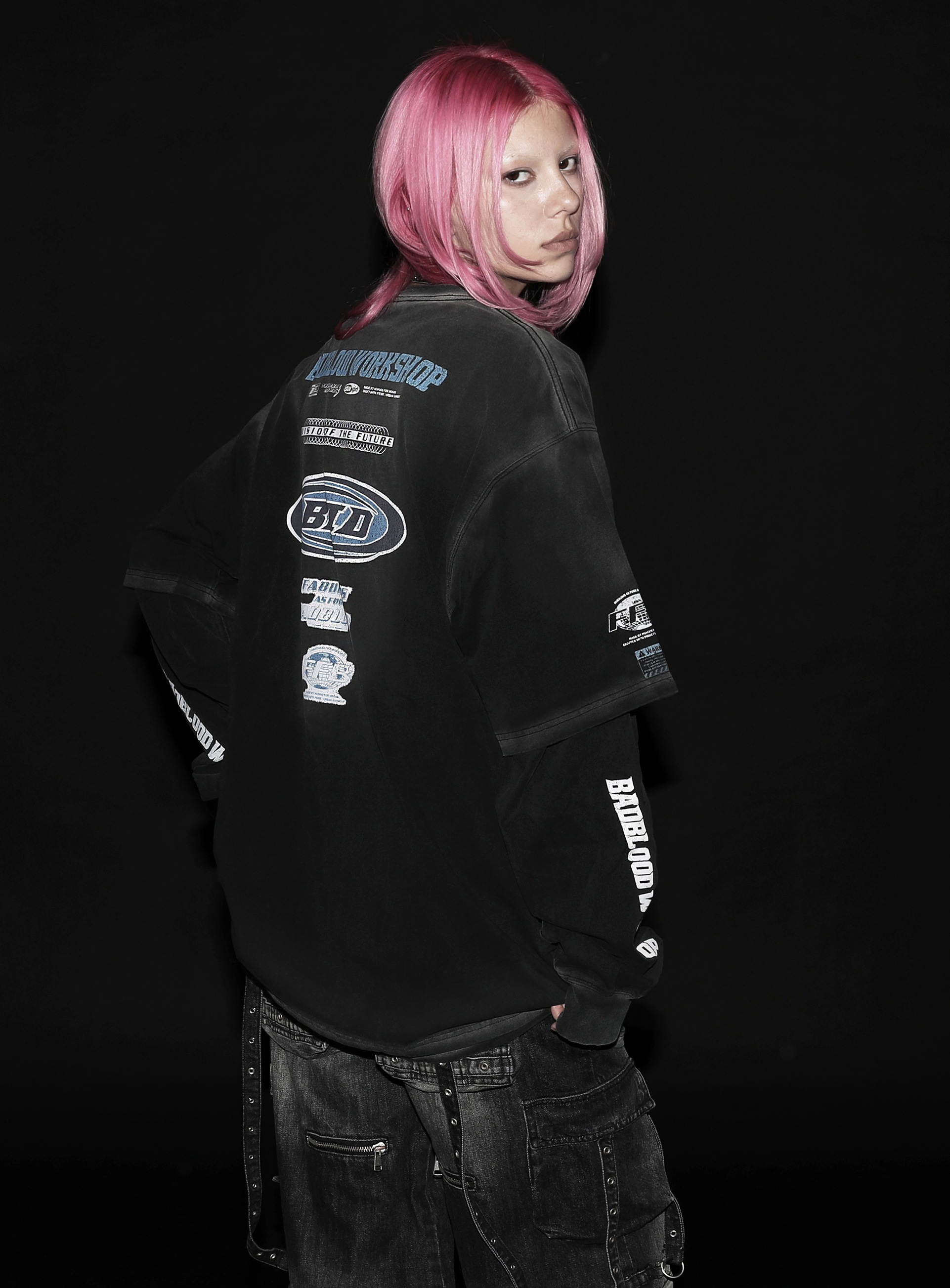 【BADBLOOD】 F2 OLD EFFET LAYERED LONG SLEEVE (UNISEX) : BLACK/BLUE