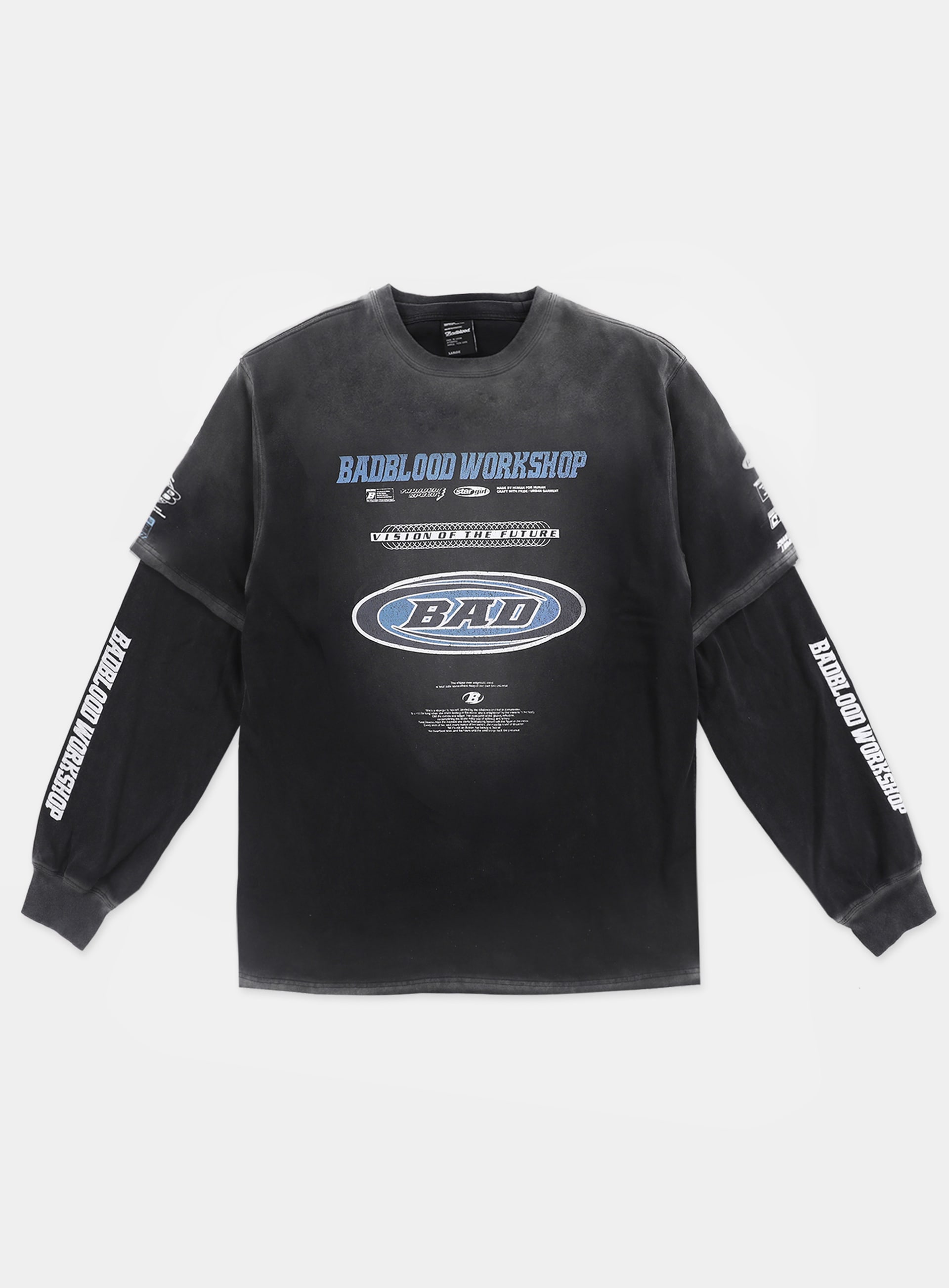 【BADBLOOD】 F2 OLD EFFET LAYERED LONG SLEEVE (UNISEX) : BLACK/BLUE